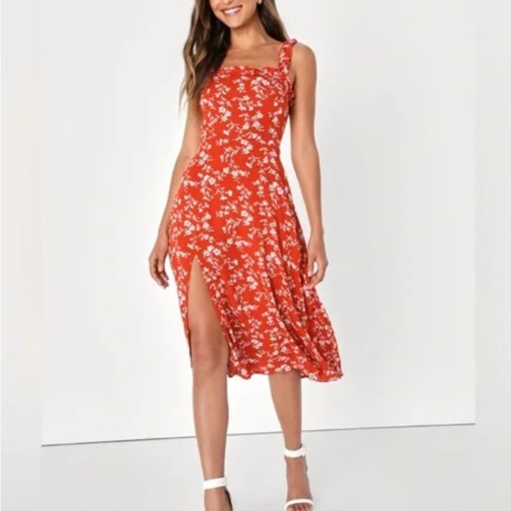 Lulu’s Garden Date Red Orange Floral Print Ruffle Midi Dress